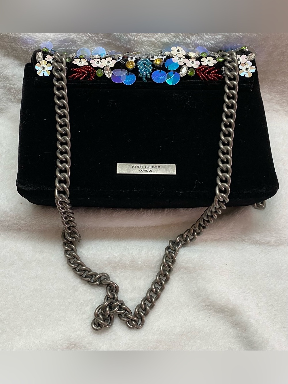 Kurt Geiger Black Embellished Floral Crystal Shoulder Bag - Picture 7 of 11
